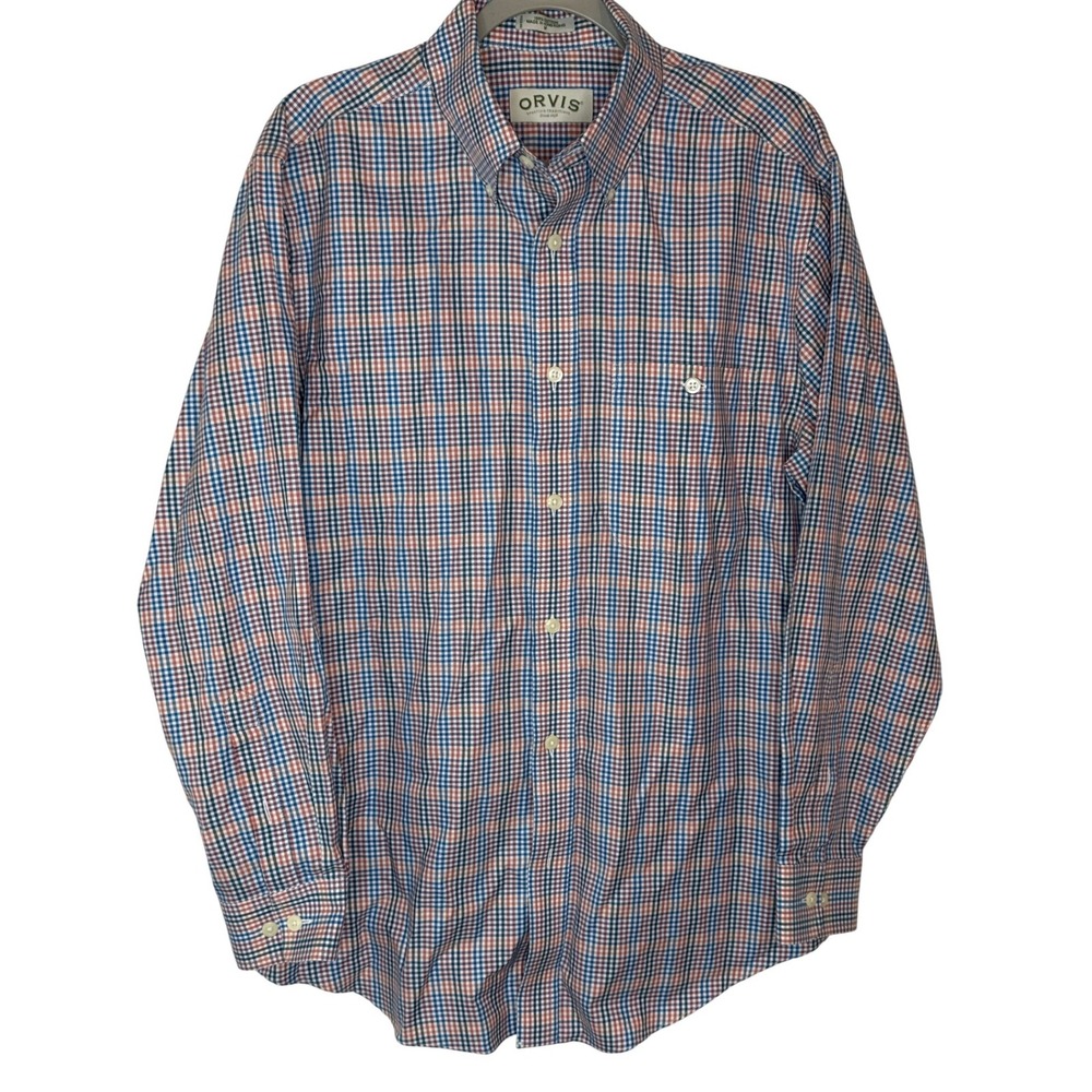 Orvis Mens Tattersall Check Button Down Shirt Blue Orange Long‎ Sleeve Cotton M